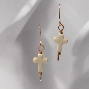 Handmade Dangle Cross Earrings – Reconstituted Howlite with Copper Wire